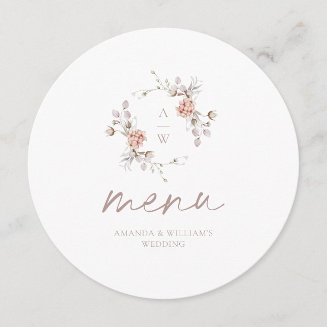 Floral Monogram Round Wedding Menu Card Meny (Framsida)