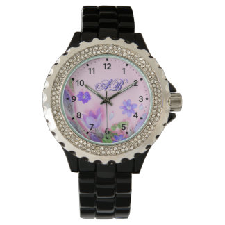 Floral Monogram Watch | Blue Wildflowers Rhineston Armbandsur