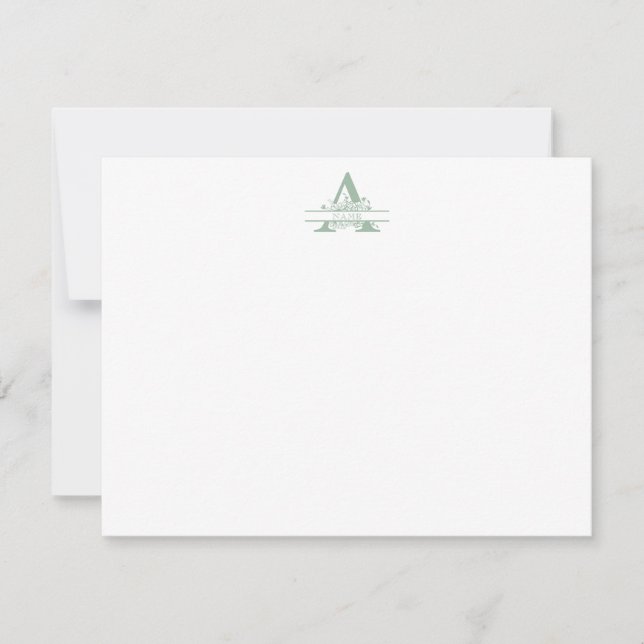 Floral Monogram with Green Gingham Note Card Anteckningskort (Framsida)
