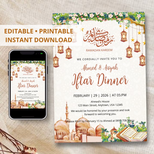 Floral Mosque & Lanterns Ramadan Iftar Dinner Inbjudningar (Skapare uppladdad)