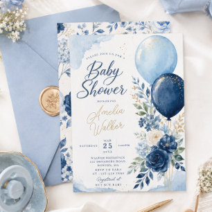 Floral Navy Det är en pojke Ballong Baby Shower Inbjudningar