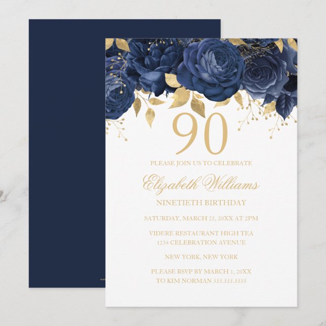 Floral Navy Guld Ros 90-årsdag Inbjudningar (Fram/baksida)
