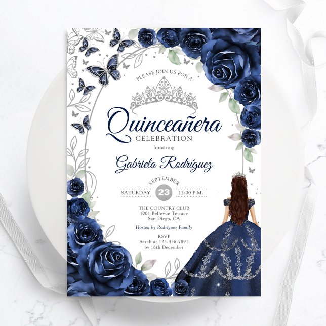Floral Navy Silver Quinceanera Inbjudningar (Skapare uppladdad)