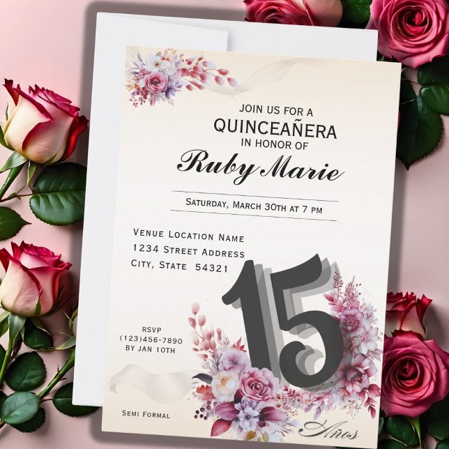 Floral Number 15 Rose Tones Quinceanera Invitation Inbjudningar (Skapare uppladdad)