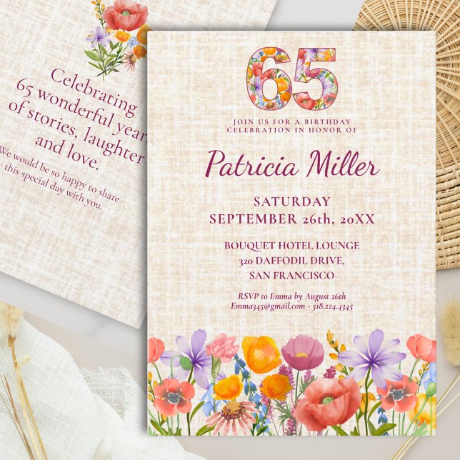 Floral Number 65th Birthday - Wildflower  Inbjudningar (Skapare uppladdad)