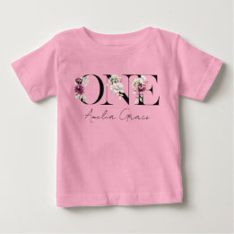 Floral ONE Baby Flicka 1-årsdag + Namn Outfit T Shirt