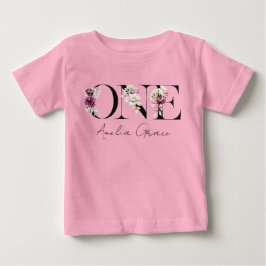Floral ONE Baby Flicka 1-årsdag + Namn Outfit T Shirt