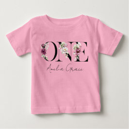 Floral ONE Babyflicka 1-års födelsedag + Namn Outf T Shirt