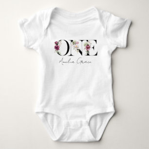 Floral ONE Babyflicka 1-års födelsedag + Namn Outf T Shirt