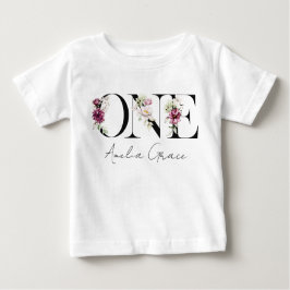 Floral ONE Babyflicka 1-års födelsedag + Namn Outf T Shirt