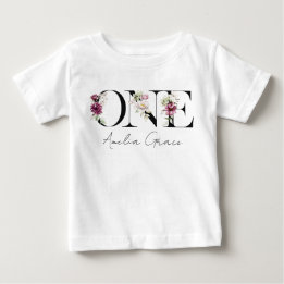 Floral ONE Babyflicka 1-årsfirande + Namn-outfit T Shirt