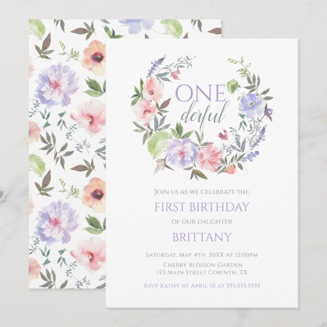 Floral Onederful First birthday Invitation Inbjudningar (Fram/baksida)