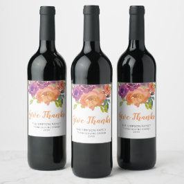 Floral Orange and Purple Give Thanks Wine Label Vinflaska Etikett