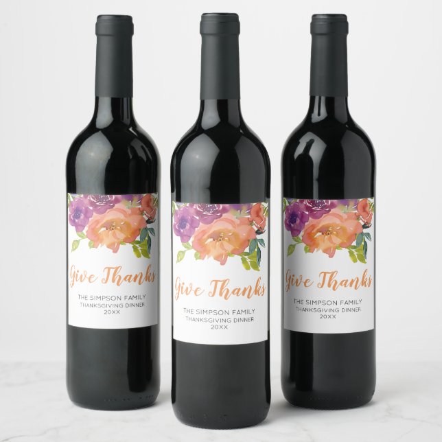 Floral Orange and Purple Give Thanks Wine Label  Vinflaska Etikett (Flaskor)