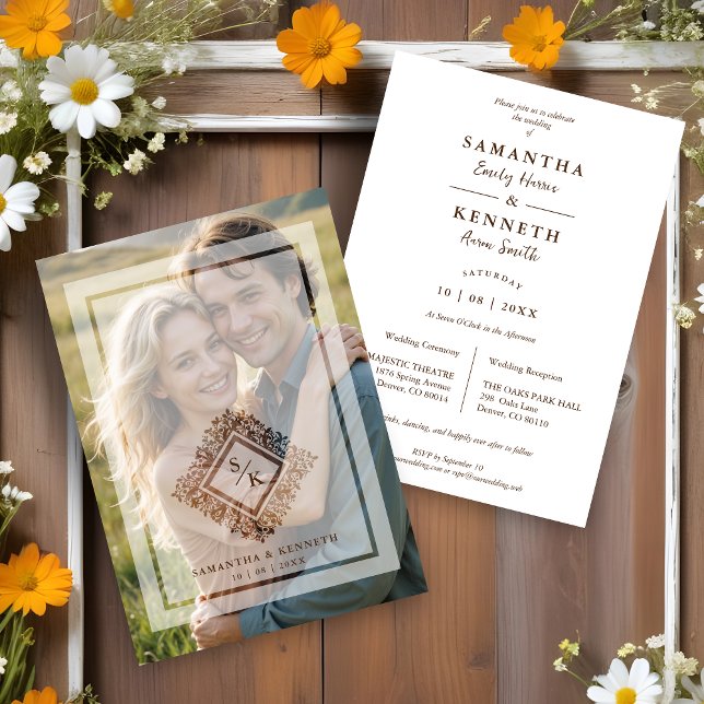 Floral Ornate Frame Diamond Shape Wedding Initials Inbjudningar (Floral Ornate Frame in Diamond Shape with Initials Photo Wedding Invitation Card with Vellum.)