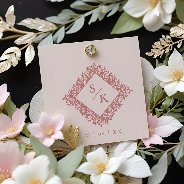 Floral Ornate Frame Diamond Shape Wedding Initials Stämpel (Floral Ornate Frame in Diamond Shape with Initials Wedding Rubber Stamp.)