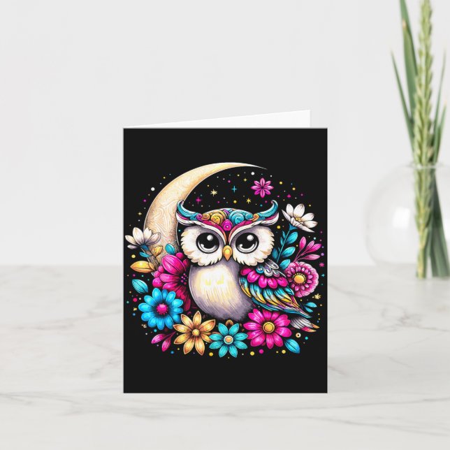 Floral Owl And Moon  Kort (Framsida)