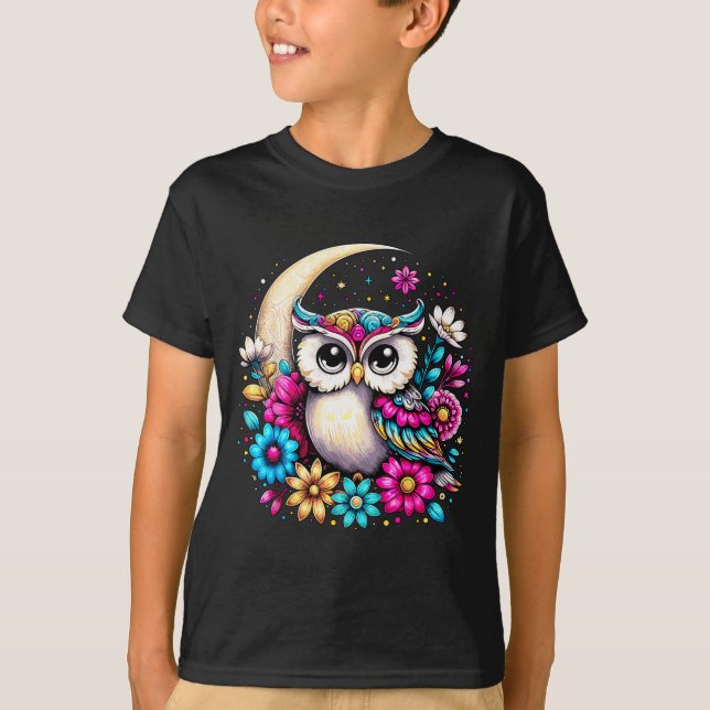 Floral Owl And Moon  T Shirt (Framsida)