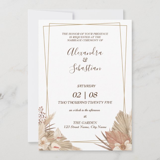 Floral Pampa Grass Wedding Invitation Inbjudningar (Framsida)