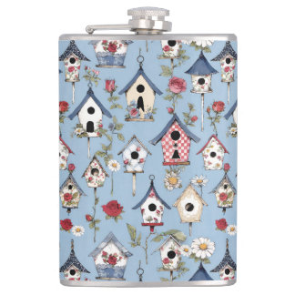 Floral Patchwork Birdhouses & Sky Blue Background Fickplunta