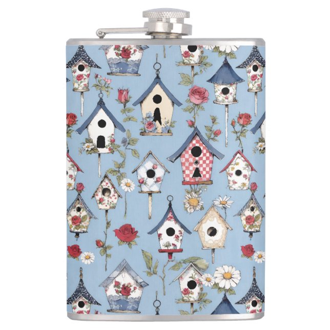 Floral Patchwork Birdhouses & Sky Blue Background Fickplunta (Framsidan)