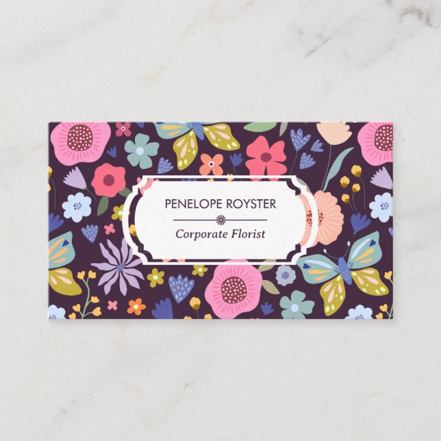 Floral Pattern Dark Plum & Mauve Business Card Visitkort (Framsida)