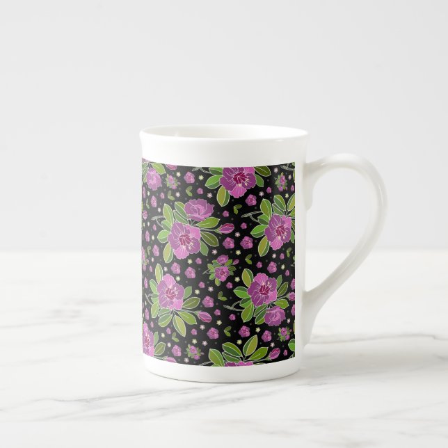 Floral Pattern Lilac Pink Green Black Benporslin Mugg (Höger)