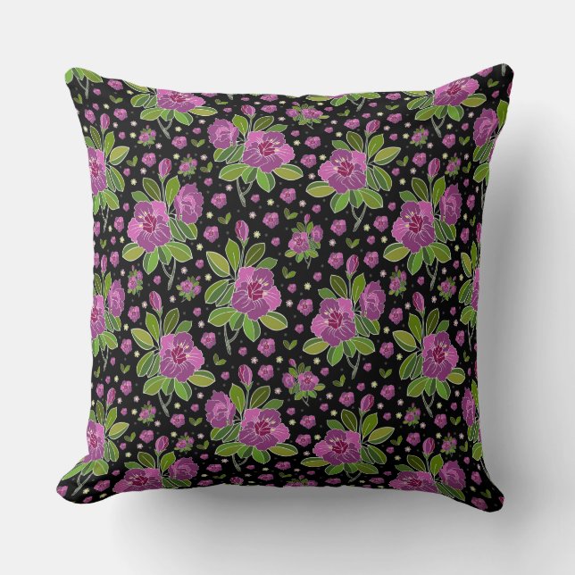 Floral Pattern Lilac Pink Green Black Kudde (Framsida)