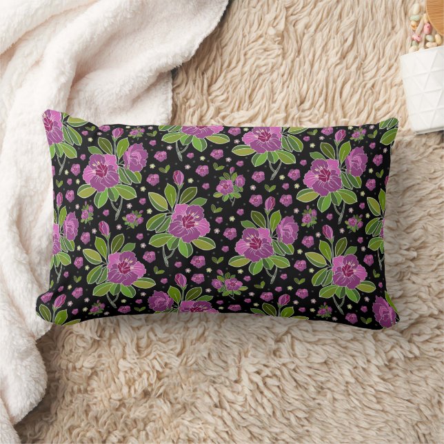 Floral Pattern Lilac Pink Green Black Lumbarkudde (Filt)