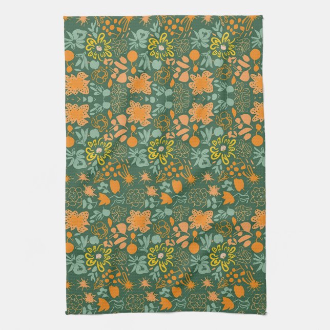 Floral pattern on a dark green background  kökshandduk (Vertikal)