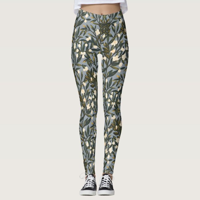 Floral pattern on  dusty blue-gray background leggings (Framsida)