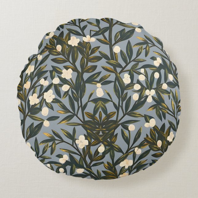 Floral pattern on  dusty blue-gray background rund kudde (Framsidan)