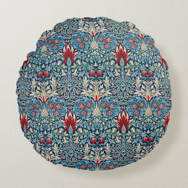 Floral pattern on green leaves blue background rund kudde (Framsidan)