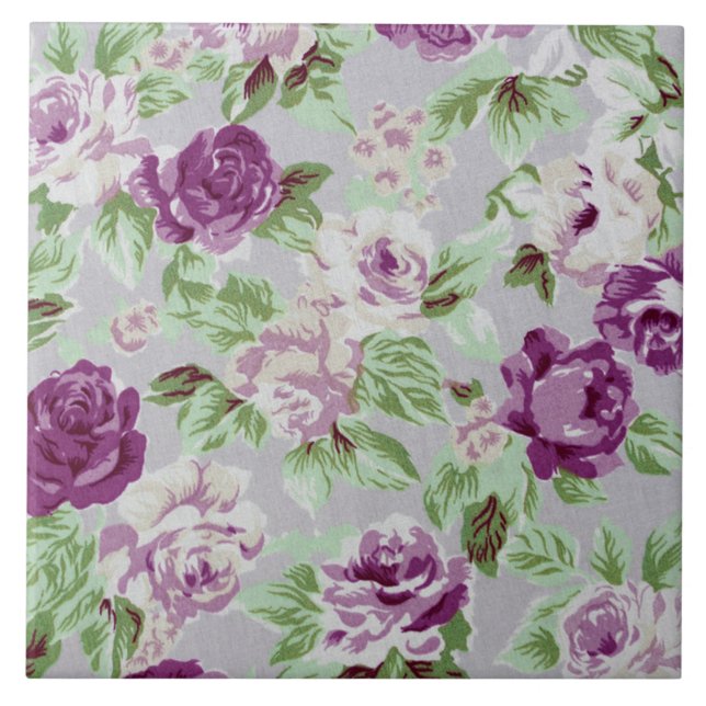 Floral Pattern Purple Flowers Green Foliage Kakelplatta (Framsidan)
