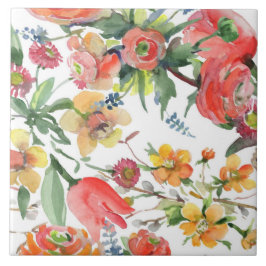 Floral Pattern Wildflowers Yellow Pink Green White Kakelplatta
