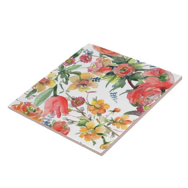Floral Pattern Wildflowers Yellow Pink Green White Kakelplatta (Sidan)