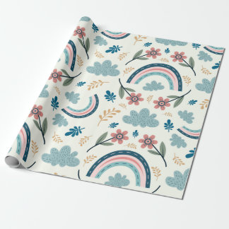 Floral pattern with rainbow and cloud shapes presentpapper