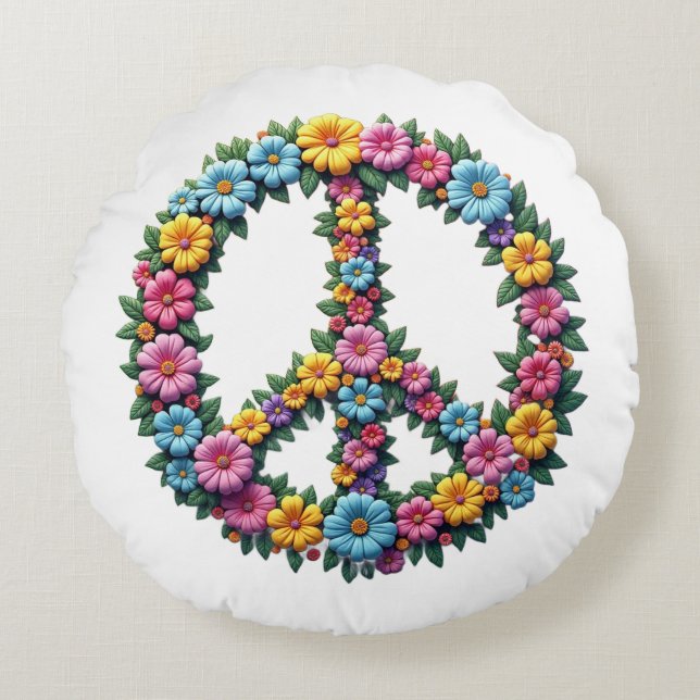 Floral Peace Symbol Round Pillow Rund Kudde (Framsidan)