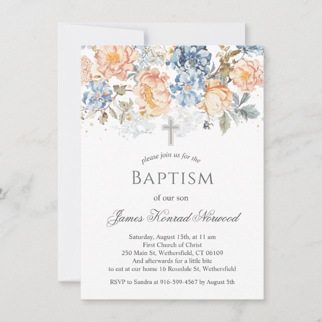 Floral Peach Blush Blue Baptism Inbjudningar (Framsida)