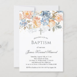 Floral Peach Blush Blue Baptism Inbjudningar