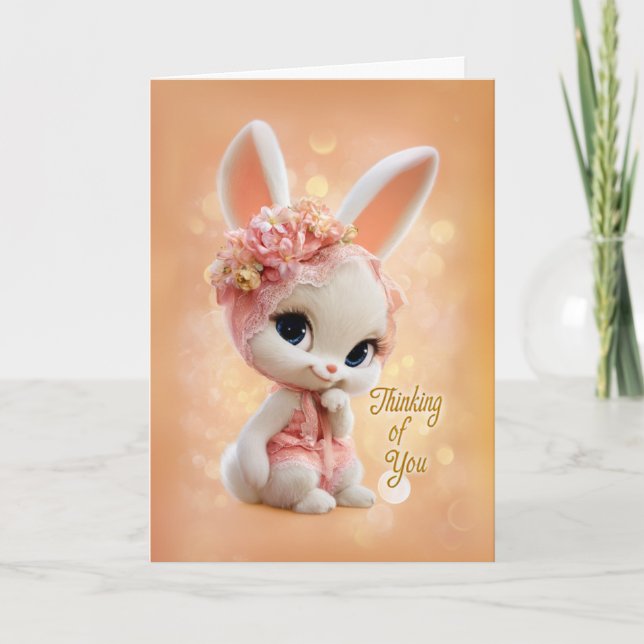 Floral Peach Bonnet Baby Bunny Thinking of You Kort (Framsida)