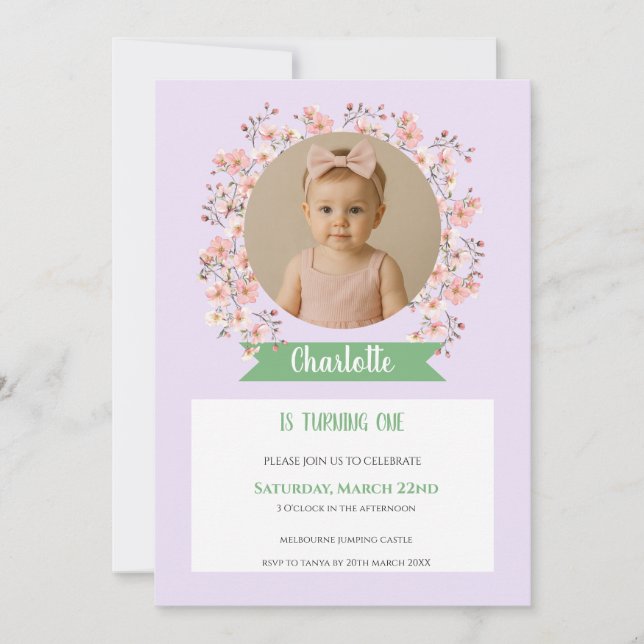 Floral Photo Birthday Invitation for Girl Inbjudningar (Framsida)
