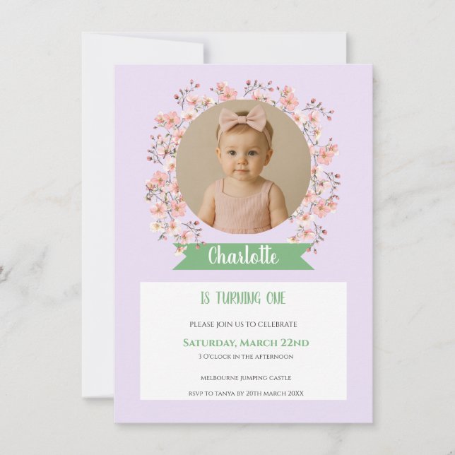 Floral Photo Birthday Invitation for Girl Tack Kort (Framsida)