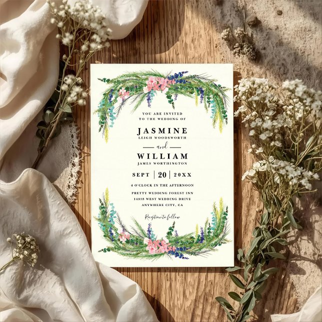 Floral Pine Rustic Country Elegant QR Code Wedding Inbjudningar (Skapare uppladdad)