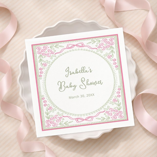 Floral Pink and Green Baby Shower Paper Napkin Pappersservett (Skapare uppladdad)