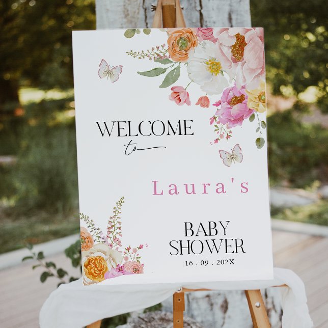 Floral Pink Baby In Bloom Baby Shower Welcome Sign Fototryck (Girls Baby in Bloom Welcome Sign, Floral Welcome Sign For Baby Shower, Floral Baby Shower Welcome )