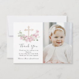 Floral Pink Baptism Cross Thank you Photo Card Tack Kort