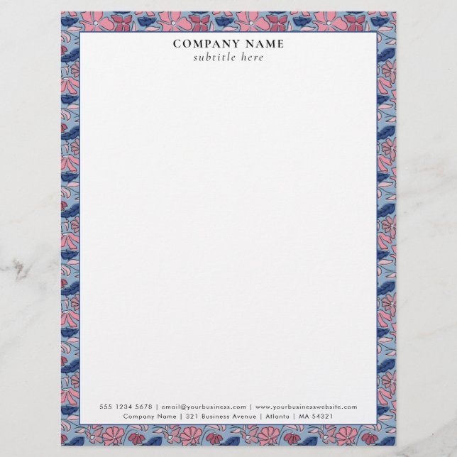 Floral Pink Blue Pattern Company Name Details Brevhuvud (Framsida)