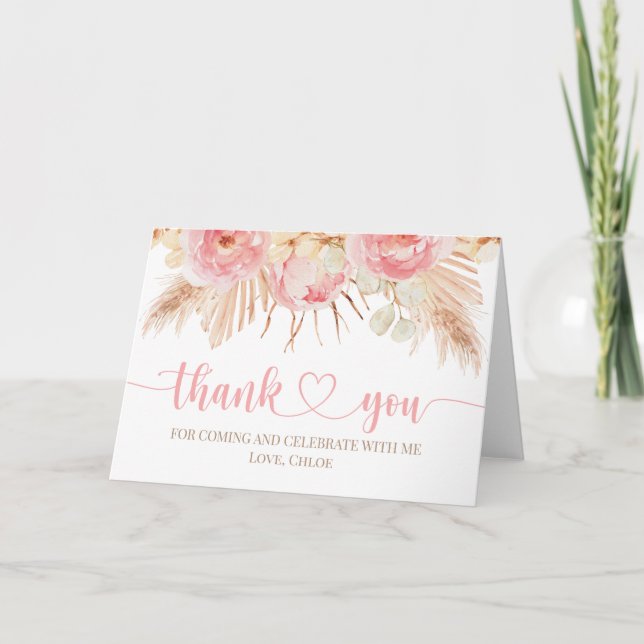 Floral pink Boho Pampas Thank you card Tack Kort (Framsida)