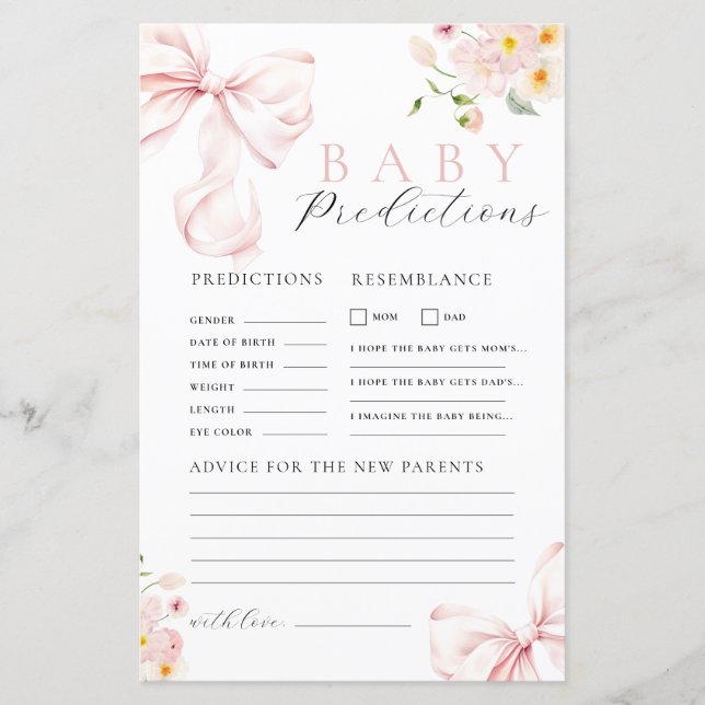 Floral Pink Bow Baby Shower Prediction Advice Game (Framsida)